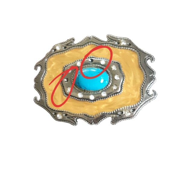 Western Belt Buckle Faux Turquoise Stone Cowboy Swirly Yellow Inlay Rhinestones - Picture 4 of 4